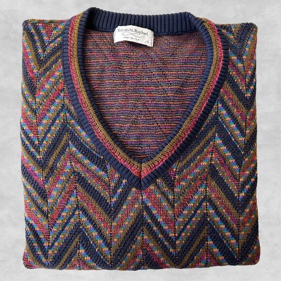 Tricots St Raphael Sweater Vintage 90s V Neck Zig Zag Jewel Tones-Men's Size L - Picture 3 of 9
